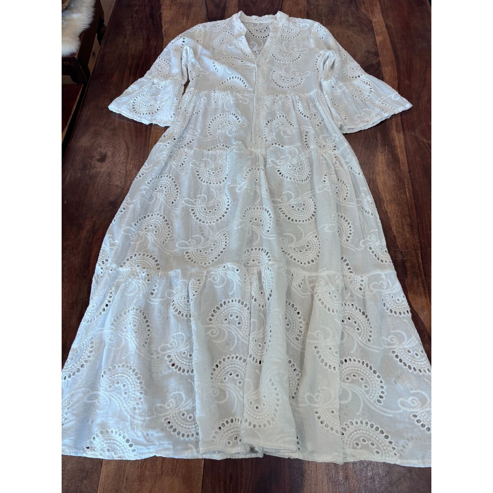 Cotton eyelet paisley tiered midi dress women sz small white boho bell sleeve